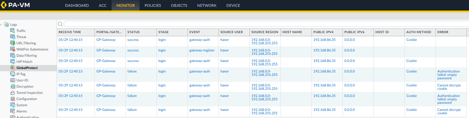 Palo Alto Networks Management Interface showing authentication alerts